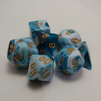 Kit 7 Dados Marmorizados Malhado Ciano c/ Números Dourados