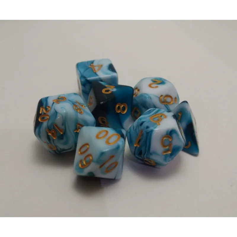 Kit 7 Dados Marmorizados Malhado Ciano c/ Números Dourados Kit 7 Dados Marmorizados Malhado Ciano c/ Números Dourados