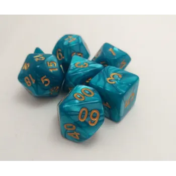 Kit 7 Dados Perolado Ciano c/ Números Dourados