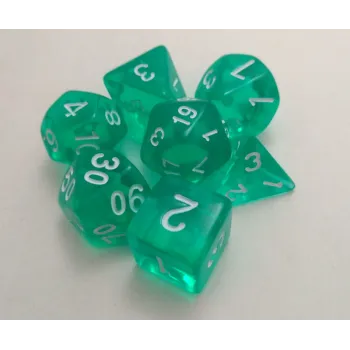 Kit 7 Dados Translúcido Ciano c/ Números Brancos