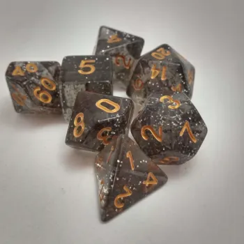 Kit 7 Dados Glitter Cinza c/ Números Dourados