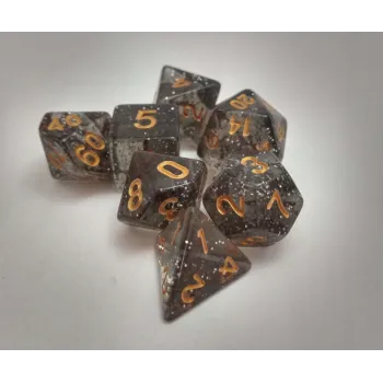 Kit 7 Dados Glitter Cinza c/ Números Dourados