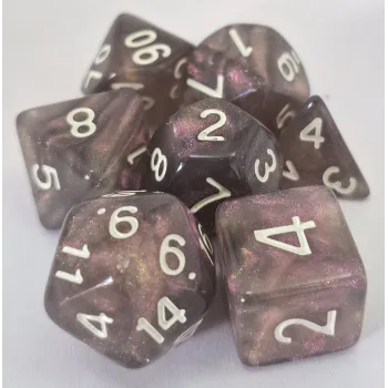 Kit 7 Dados Glitter Marmorizado Cinza/Roxo c/ Números Brancos