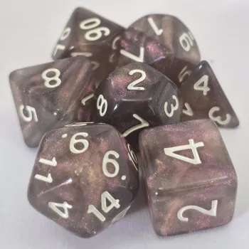 Kit 7 Dados Glitter Marmorizado Cinza/Roxo c/ Números Brancos