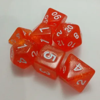 Kit 7 Dados Glitter Laranja c/ Números Brancos