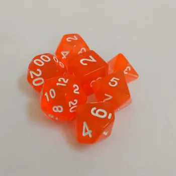 Kit 7 Dados Translúcido Laranja c/ Números Brancos