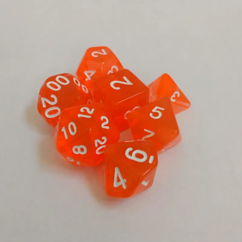 Kit 7 Dados Translúcido Laranja c/ Números Brancos Kit 7 Dados Translúcido Laranja c/ Números Brancos