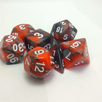 Kit 7 Dados Marmorizados Laranja/Cinza c/ Números Brancos