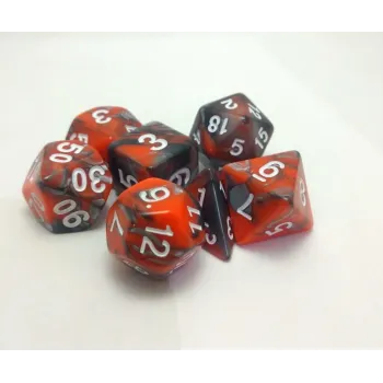 Kit 7 Dados Marmorizados Laranja/Cinza c/ Números Brancos