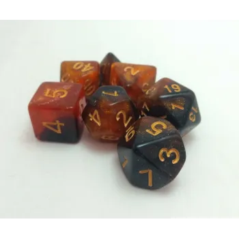 Kit 7 Dados Glitter Marmorizado Laranja/Preto c/ Números Dourados