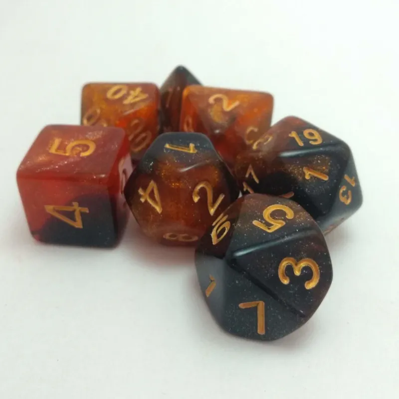 Kit 7 Dados Glitter Marmorizado Laranja/Preto c/ Números Dourados