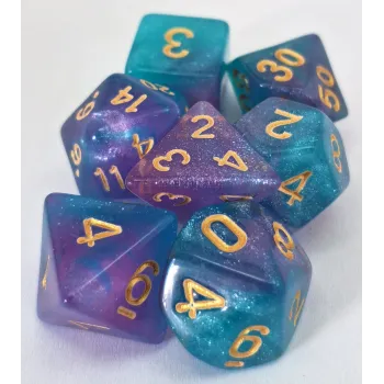 Kit 7 Dados Glitter Marmorizado Ciano/Lilás c/ Números Dourados