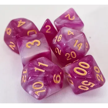 Kit 7 Dados Glitter Marmorizado Lilás/Branco c/ Números Dourados
