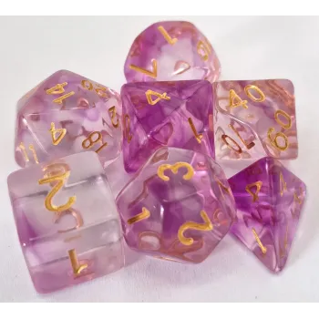 Kit 7 Dados Translúcido Lilás c/ Números Dourados