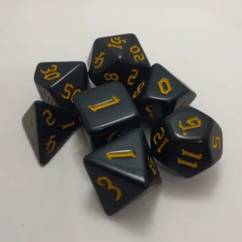 Kit 7 Dados Opaco Preto c/ Números Amarelos