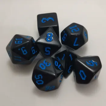 Kit 7 Dados Opaco Preto c/ Números Azuis