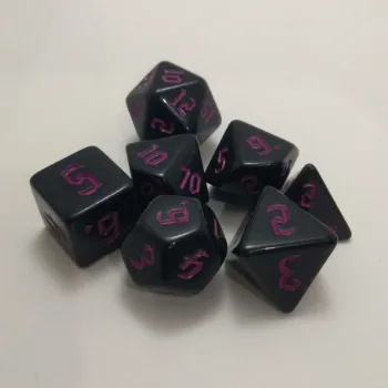 Kit 7 Dados Opaco Preto c/ Números Roxos