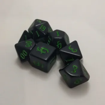 Kit 7 Dados Opaco Preto c/ Números Verdes