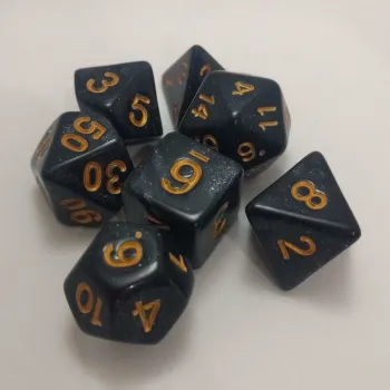 Kit 7 Dados Glitter Preto c/ Números Dourados