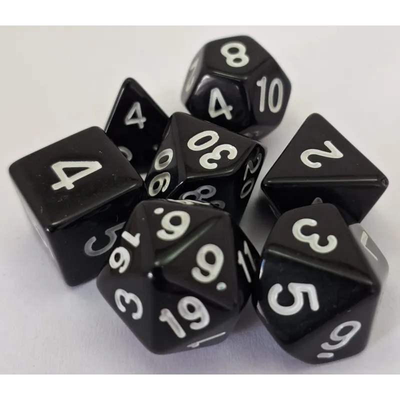 Kit 7 Dados Opaco Preto c/ Números Brancos Normais Kit 7 Dados Opaco Preto c/ Números Brancos Normais
