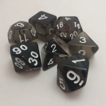 Kit 7 Dados Translúcido Preto c/ Números Brancos