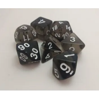 Kit 7 Dados Translúcido Preto c/ Números Brancos