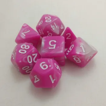 Kit 7 Dados Marmorizados Rosa/Branco c/ Números Brancos