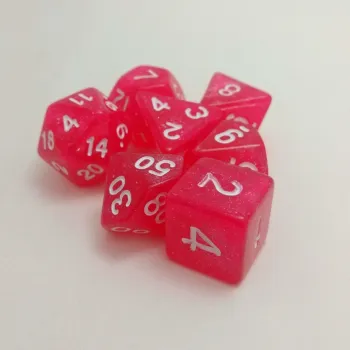 Kit 7 Dados Glitter Rosa c/ Números Brancos