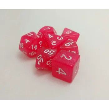 Kit 7 Dados Glitter Rosa c/ Números Brancos