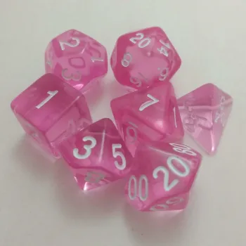 Kit 7 Dados Translúcido Rosa c/ Números Brancos