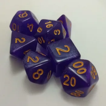 Kit 7 Dados Glitter Roxo c/ Números Dourados