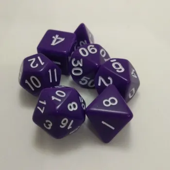 Kit 7 Dados Opaco Roxo c/ Números Brancos