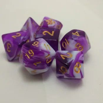 Kit 7 Dados Marmorizados Malhado Roxo c/ Números Dourados