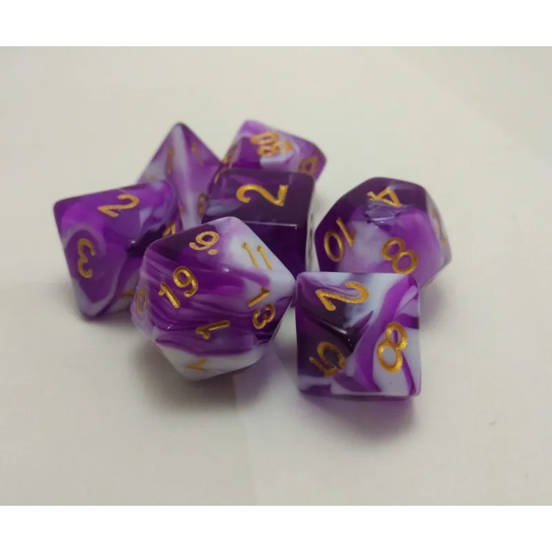 Kit 7 Dados Marmorizados Malhado Roxo c/ Números Dourados Kit 7 Dados Marmorizados Malhado Roxo c/ Números Dourados
