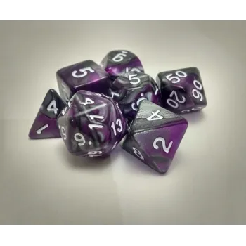 Kit 7 Dados Marmorizados Roxo/Preto c/ Números Brancos