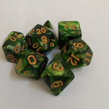 Kit 7 Dados Marmorizados Verde/Preto c/ Números Dourados
