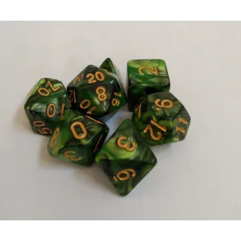Kit 7 Dados Marmorizados Verde/Preto c/ Números Dourados