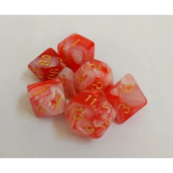 Kit 7 Dados Marmorizados Vermelho/Branco c/ Números Dourados