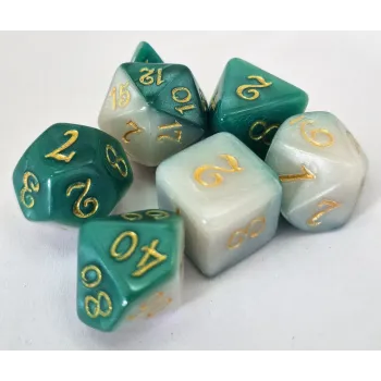 Kit 7 Dados Opaco Duo Verde/Branco c/ Números Dourados