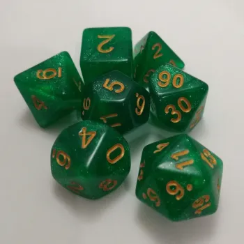 Kit 7 Dados Glitter Verde c/ Números Dourados
