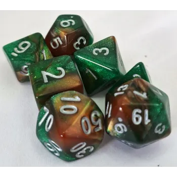 Kit 7 Dados Glitter Marmorizado Verde/Laranja c/ Números Cinzas