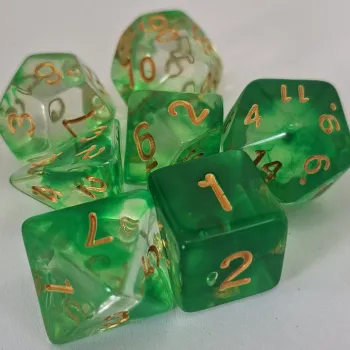 Kit 7 Dados Translúcido Verde c/ Números Dourados