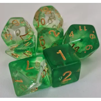 Kit 7 Dados Translúcido Verde c/ Números Dourados