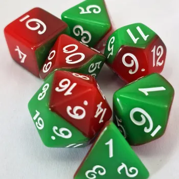 Kit 7 Dados Opaco Duo Verde/Vermelho c/ Números Brancos
