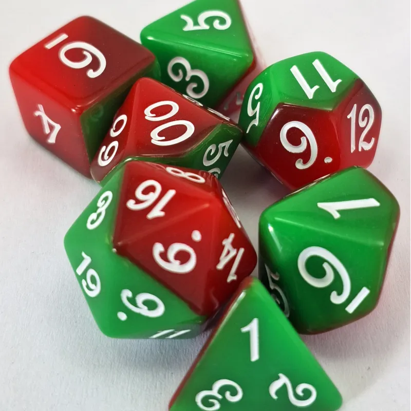 Kit 7 Dados Opaco Duo Verde/Vermelho c/ Números Brancos Kit 7 Dados Opaco Duo Verde/Vermelho c/ Números Brancos
