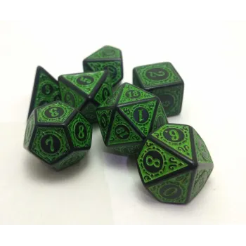 Kit 7 Dados Wood Verde c/ Números Verdes