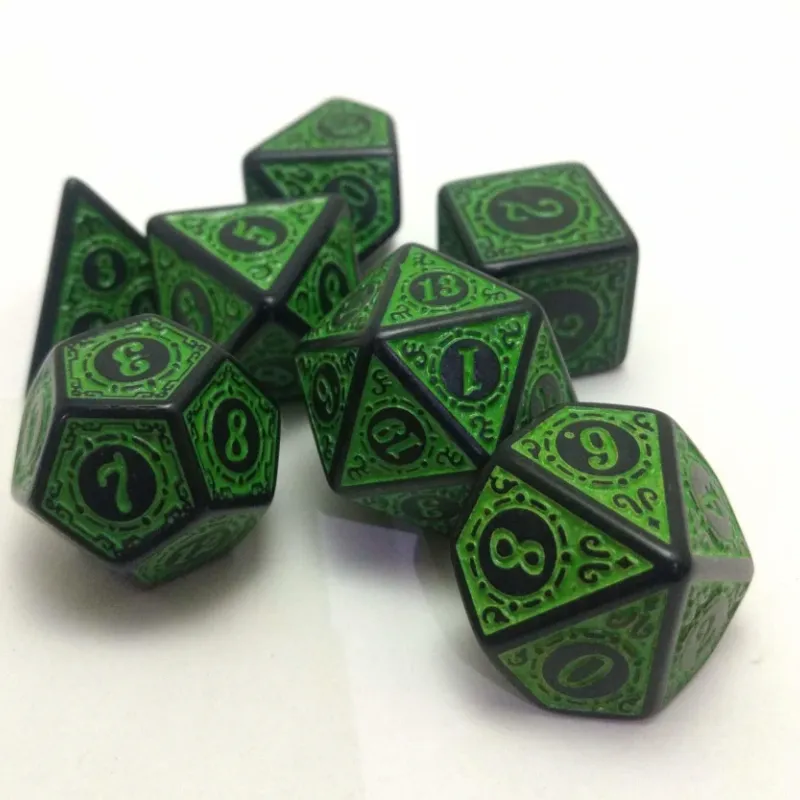 Kit 7 Dados Wood Verde c/ Números Verdes Kit 7 Dados Wood Verde c/ Números Verdes