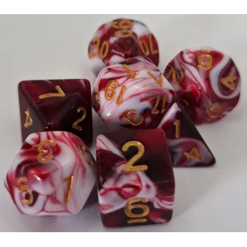 Kit 7 Dados Marmorizados Malhado Vermelho c/ Números Dourados