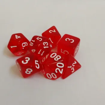 Kit 7 Dados Translúcido Vermelho c/ Números Brancos