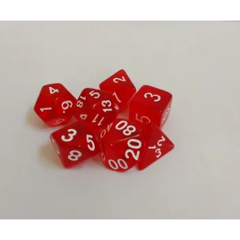 Kit 7 Dados Translúcido Vermelho c/ Números Brancos
